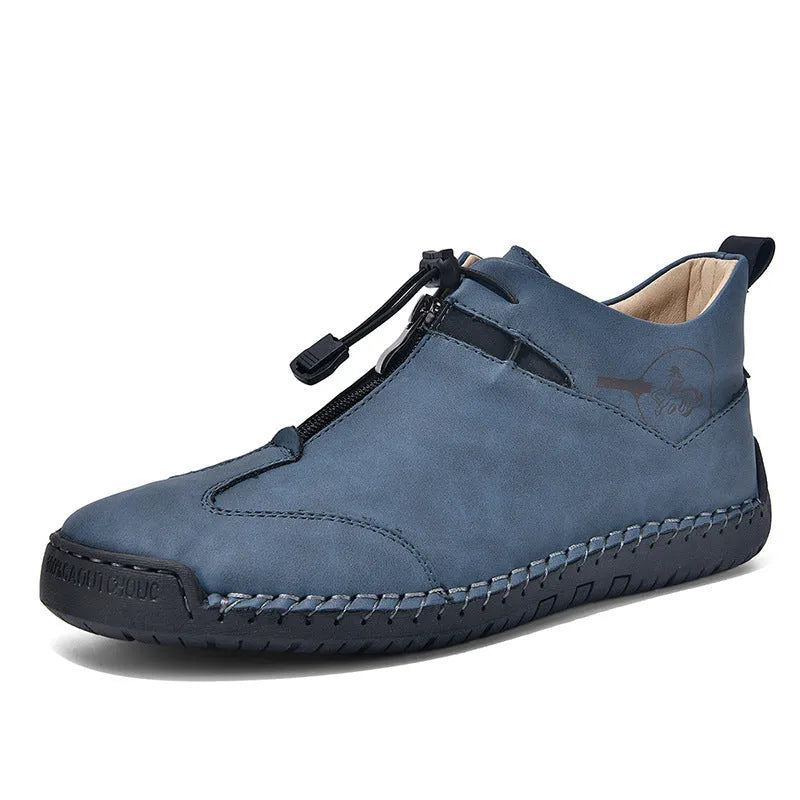 Men's black casual leather shoes with a round toe, rubber sole, and mid-height heel.
