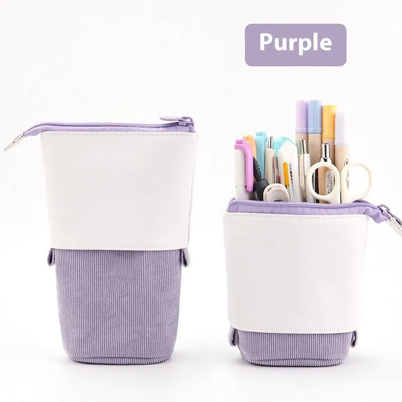 Korean-style drop-down telescopic stationery case in purple PU corduroy