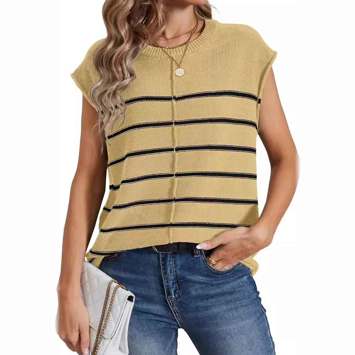 Women's striped sleeveless vest pullover in acrylic fabric with bone stitching detail