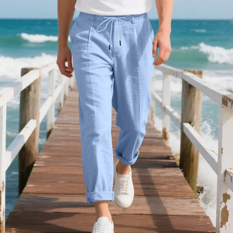 Men's straight-leg linen trousers in army green with drawstring waistband