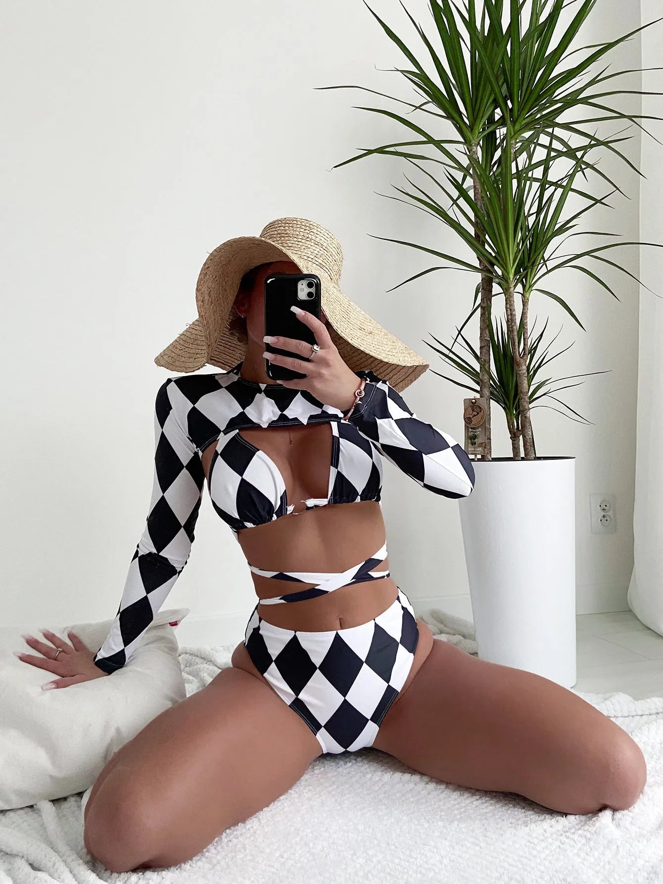 Ladies long sleeve plaid pattern bikini set with three-piece construction for swimming
