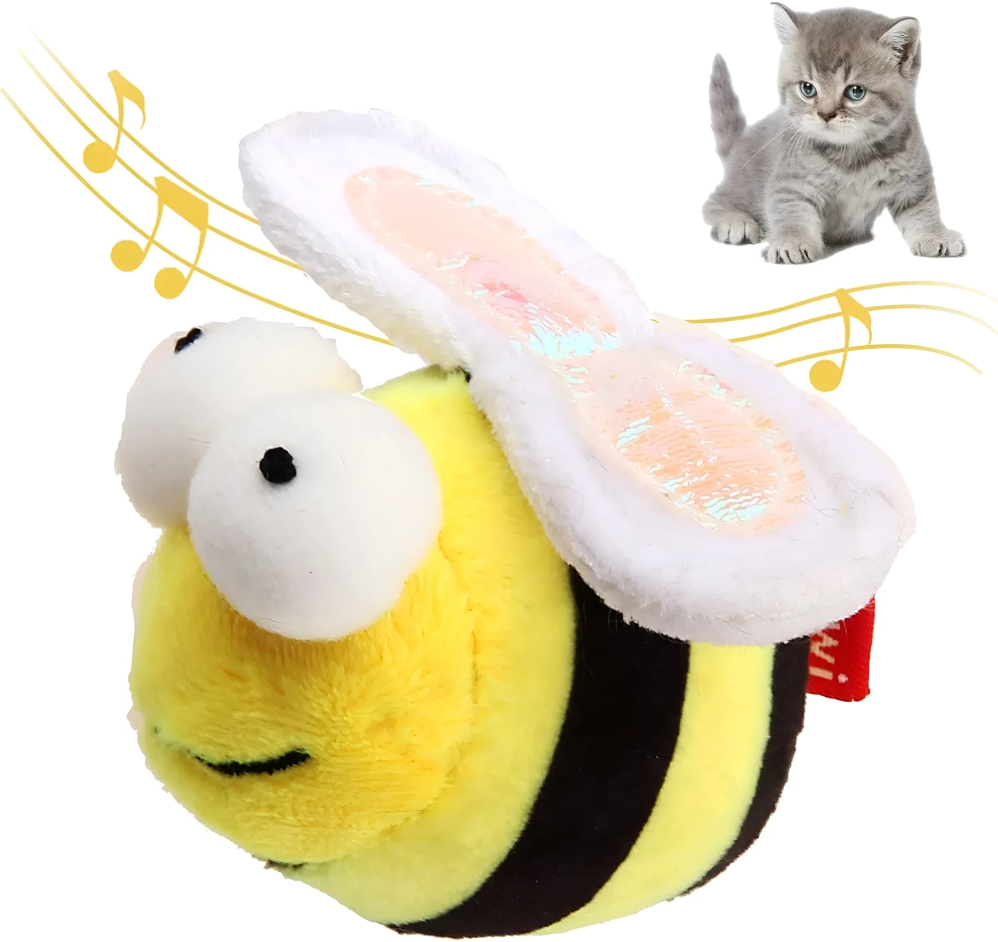 Yellow bee-shaped electronic cat toy with motion-activated chirping sound for indoor feline play