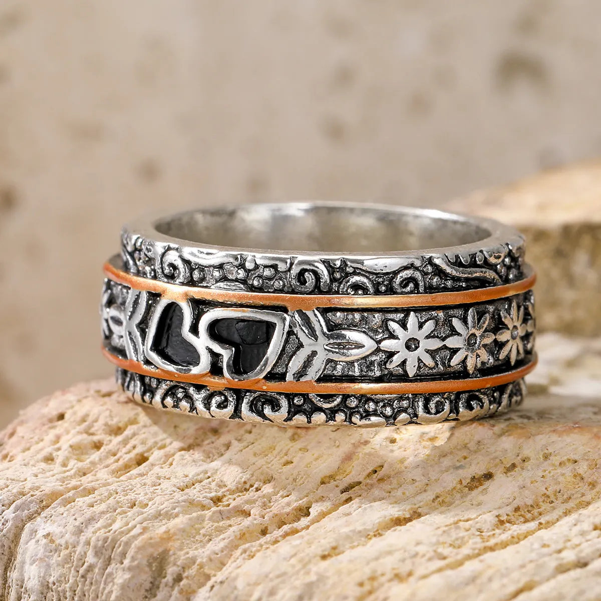 Silver electroplated wide noodle love ring for women, zinc alloy band, sizes 6 to 10