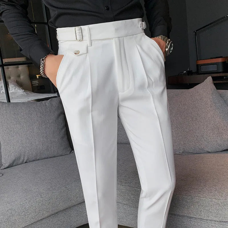 Men's straight-leg polyester trousers in solid colours with waist size range 29-36