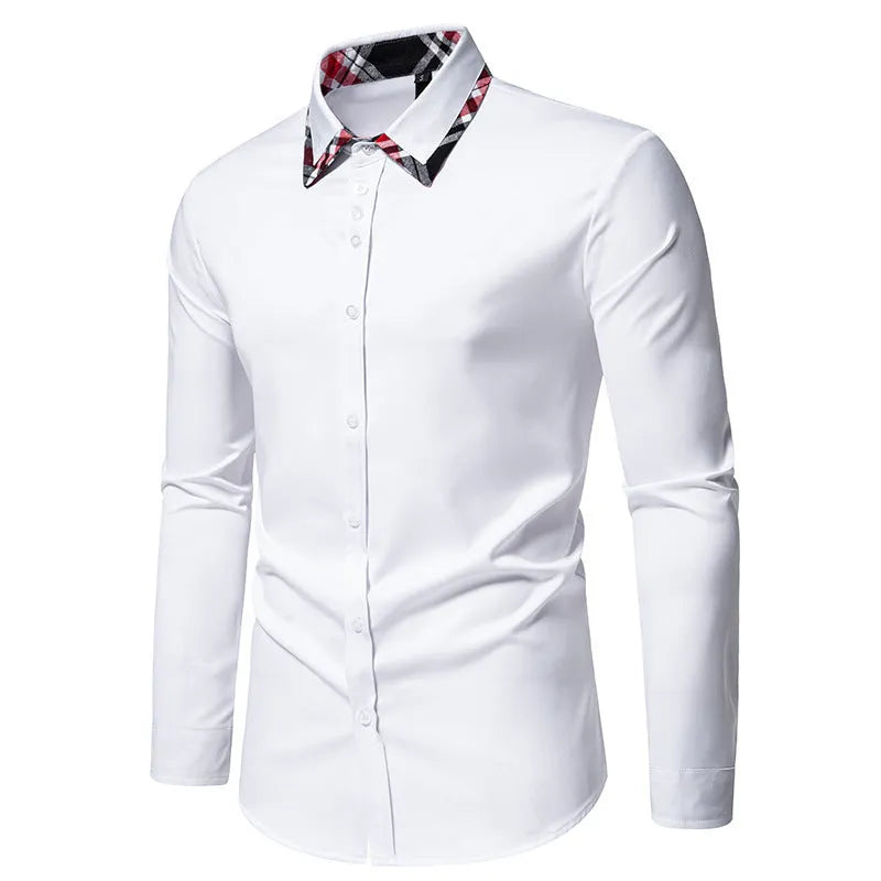 Men's plaid long sleeve shirt with contrast colour triangle collar in chemical fibre blend fabric