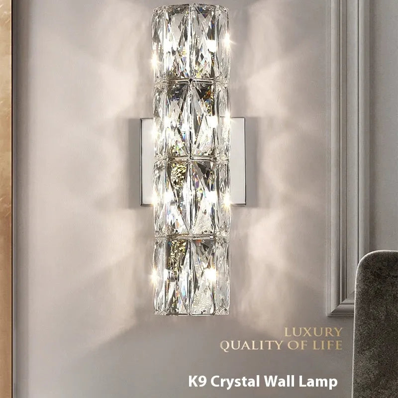 Crystal wall lamp in chrome or gold finish with LED light source and stainless steel mounting