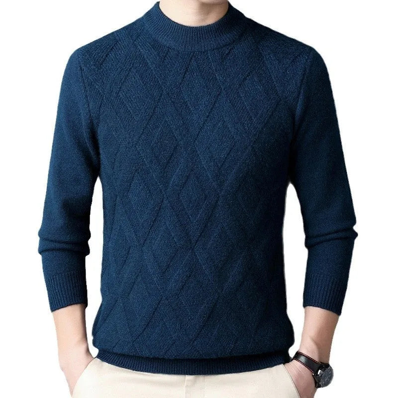 Men's diamond jacquard pattern thermal sweater in polyester fabric, plus size winter pullover