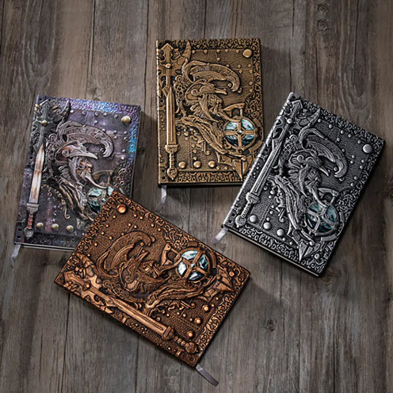 A5 leather notebook with embossed 3D warriors design on the cover, shown in bronze colour.