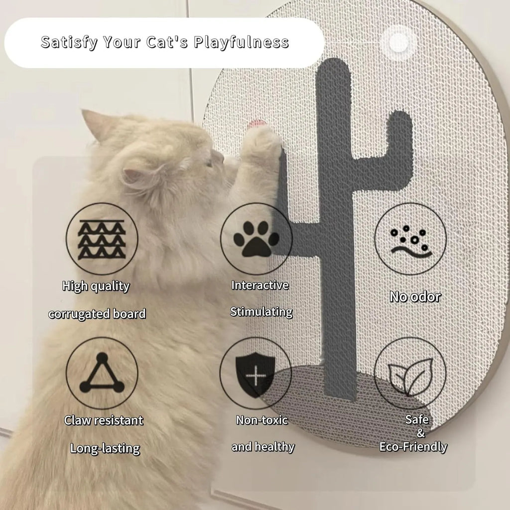 Wall-mounted vertical cat scratcher with corrugated cardboard surface and decorative cactus design