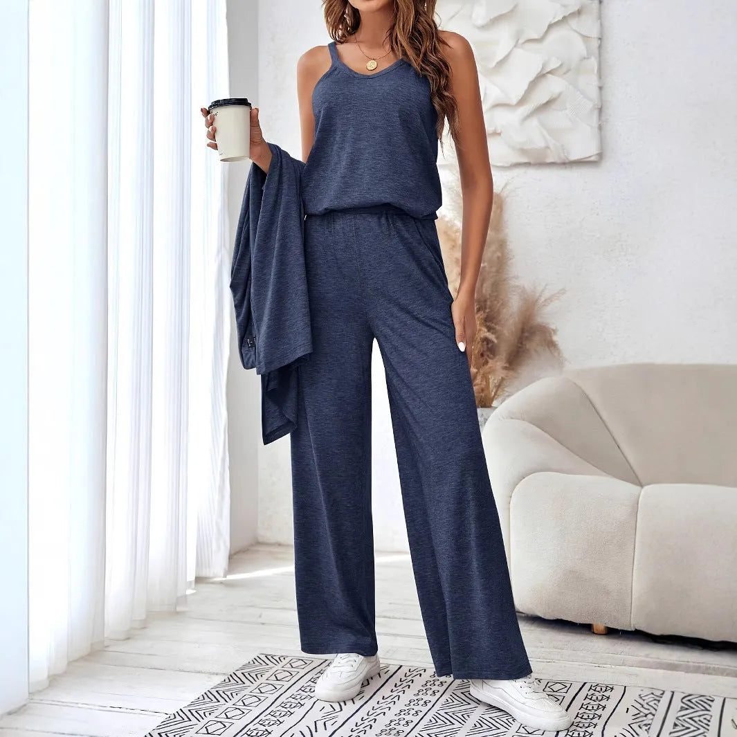 Blue women's three-piece co-ord set showing sling top, long cardigan, and trousers