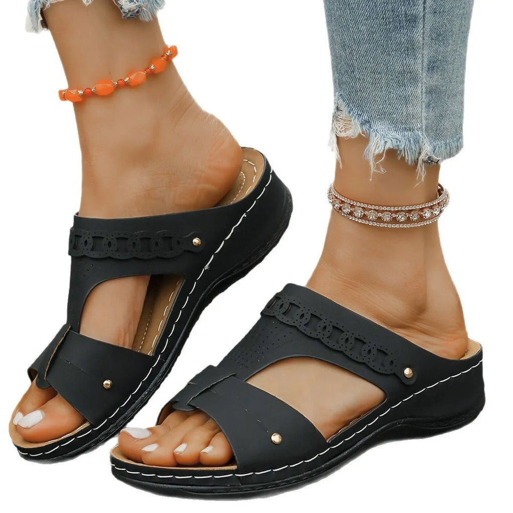Roman style slope heel slipper with fish mouth toe in multiple colours