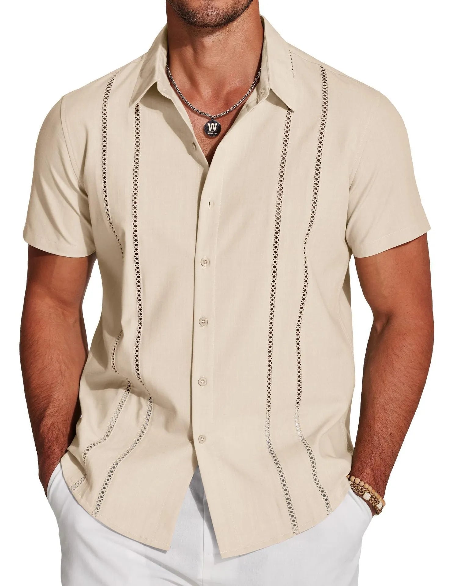 Man wearing a slim fit, short sleeve printed Hawaiian shirt in elastic polyester fabric.