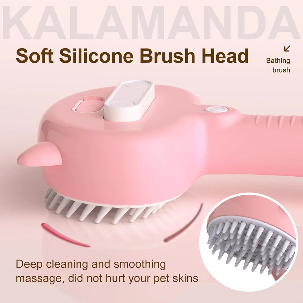 Blue 4-in-1 cat steam brush with soft rubber bristles and a one-click hair release button, shown with ergonomic handle.