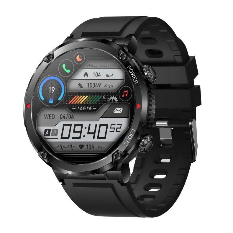 T30 Smart Watch with black silicone strap showing 52mm IPS screen displaying time and heart rate