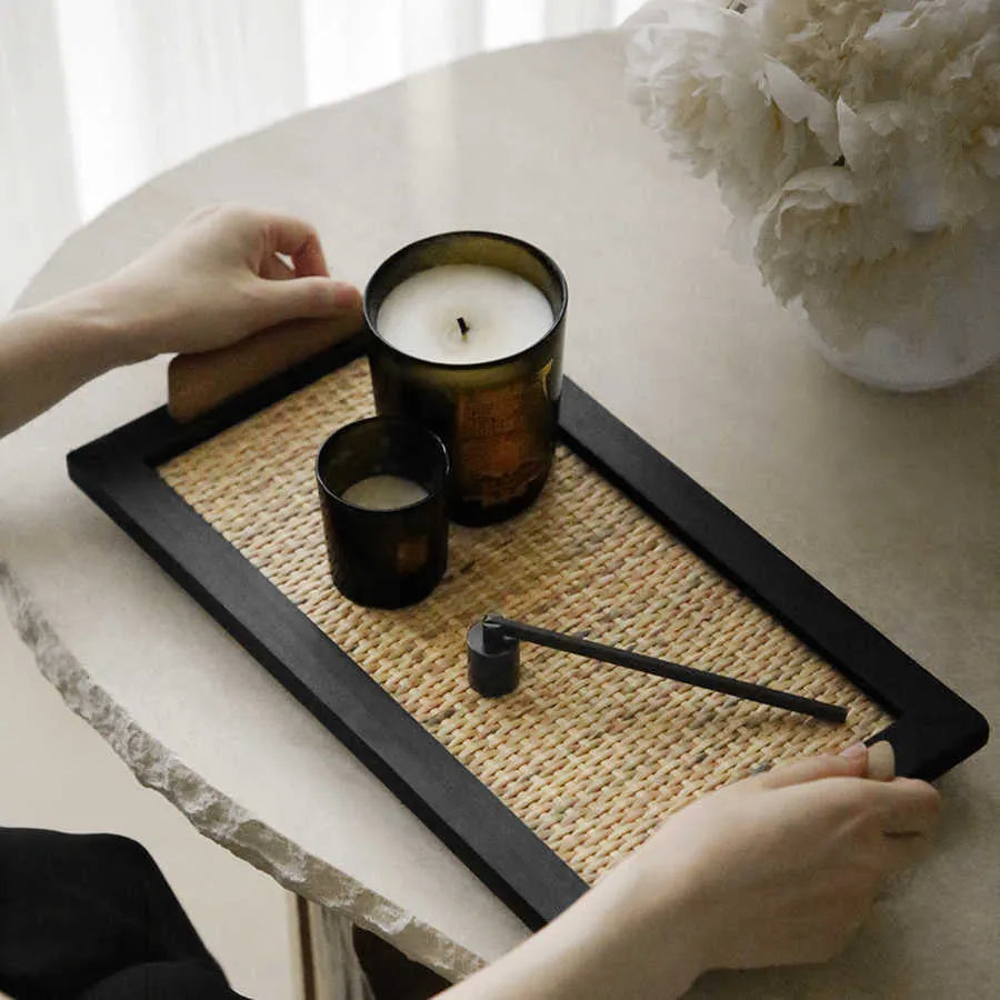 Pine wood dining tray with multiple compartments for organising cups, plates and cutlery