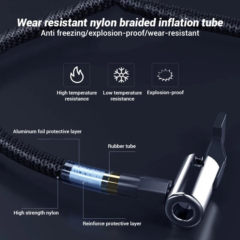 Compact black digital tyre inflator pump with screen, lithium battery, hose and four air nozzles on a grey background.