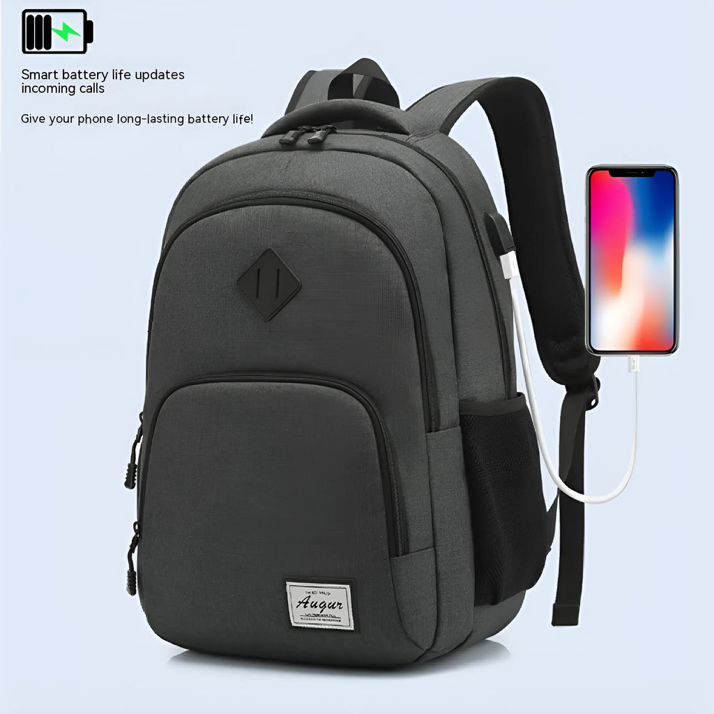 Grey lightweight nylon backpack with USB charging port and trolley case sleeve on back