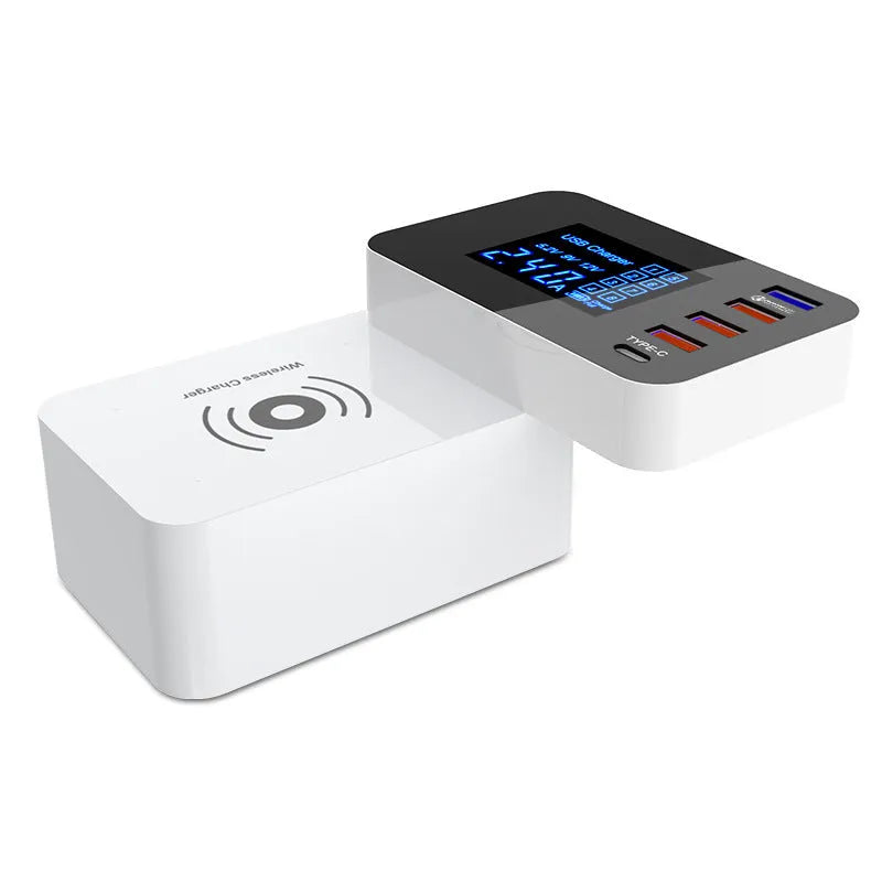 White multi-port USB fast charger with wireless charging pad and 1.5m cable