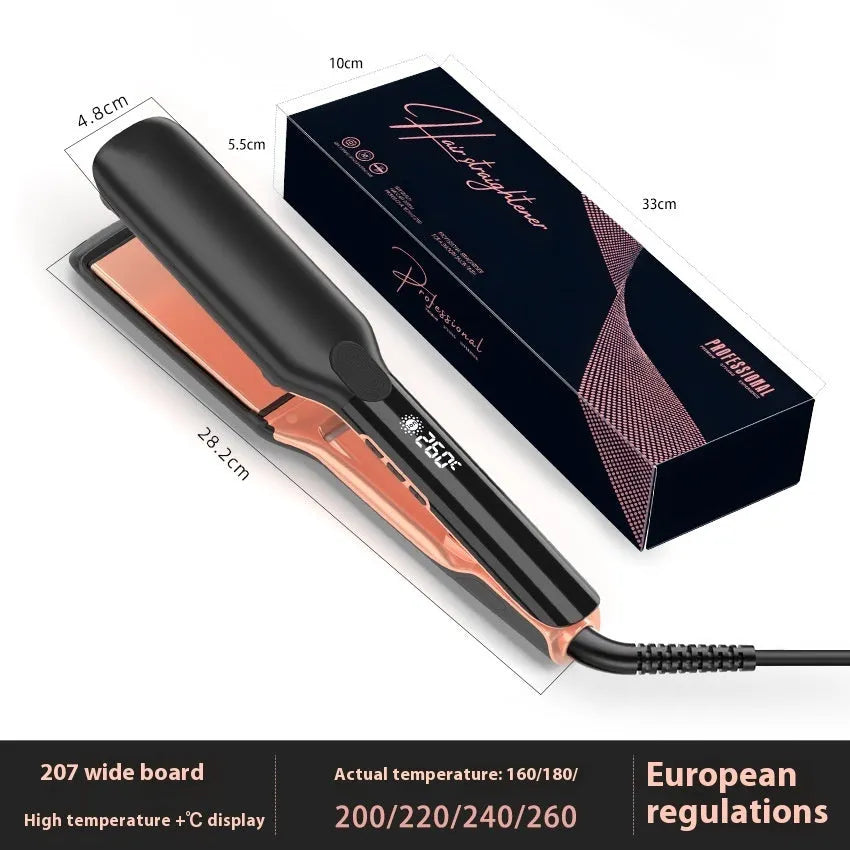 Hair straightener with ceramic plates showing temperature display and EU power specification
