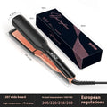 Hair straightener with ceramic plates showing temperature display and EU power specification