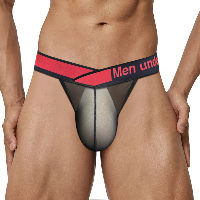 Men's transparent ice silk breathable briefs with large V gradient high fork design