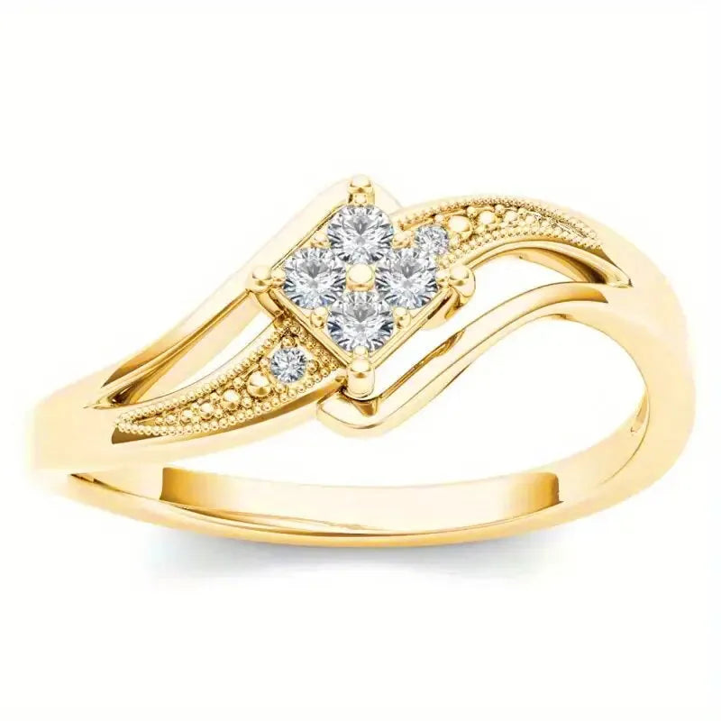 Yellow gold diamond shape copper ring with micro inlaid zircon geometric ornamentation showing line and quadrangle patterns