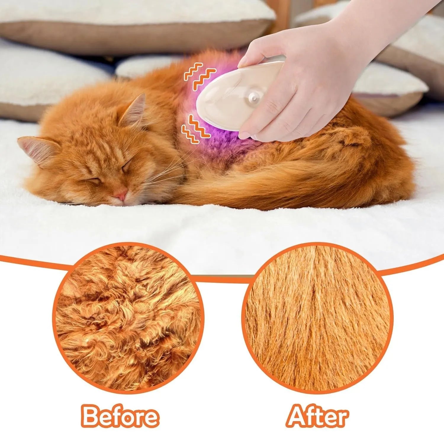 Yellow cat steam brush with silicone bristles, water reservoir, and ringworm detection light