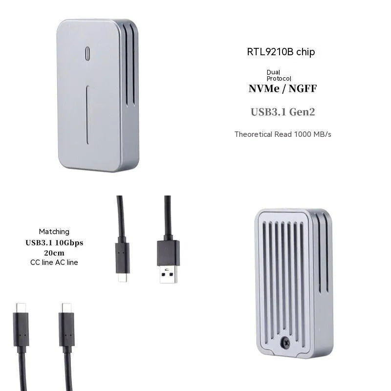 Aluminium alloy M.2 NVMe and SATA external SSD enclosure with USB-C port, measuring 5.2cm by 2.8cm.