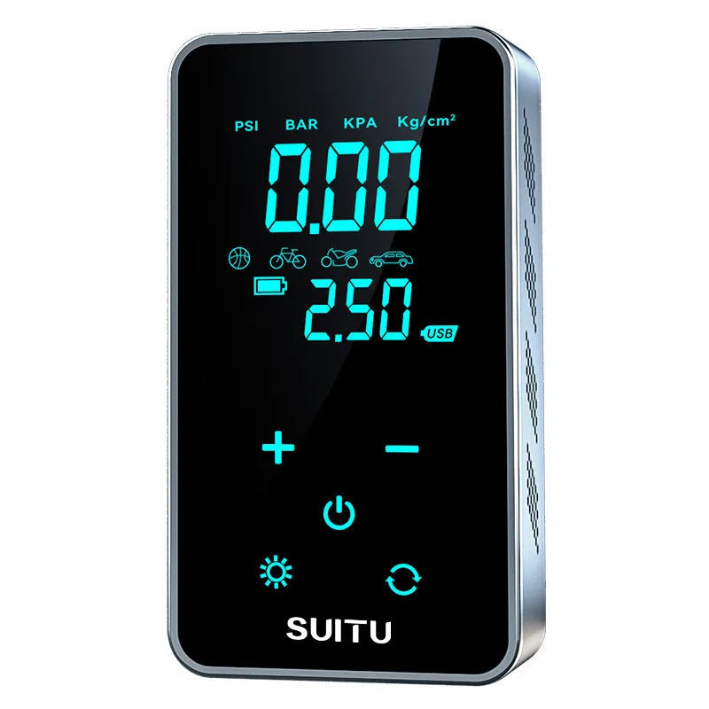 ST-9616C black wireless car tyre inflator with LCD screen and coiled air hose on a grey background