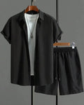 Men's jacquard short sleeve suit set in black with matching shorts
