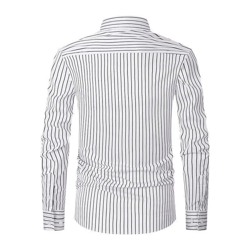 Men's slim fit ice silk striped long sleeve business shirt on hanger