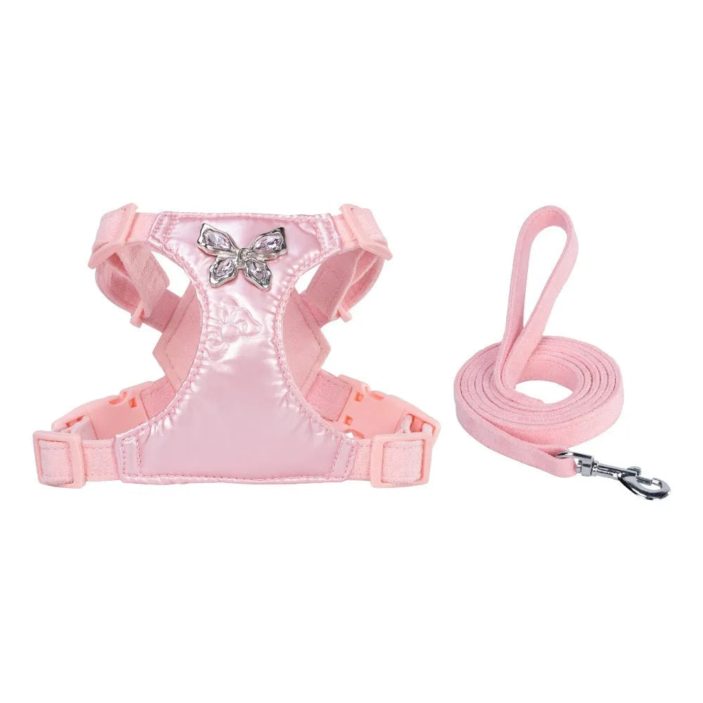 Small dog chest strap and hand holding traction rope set with metal butterfly, available in four colours and XXS to M sizes