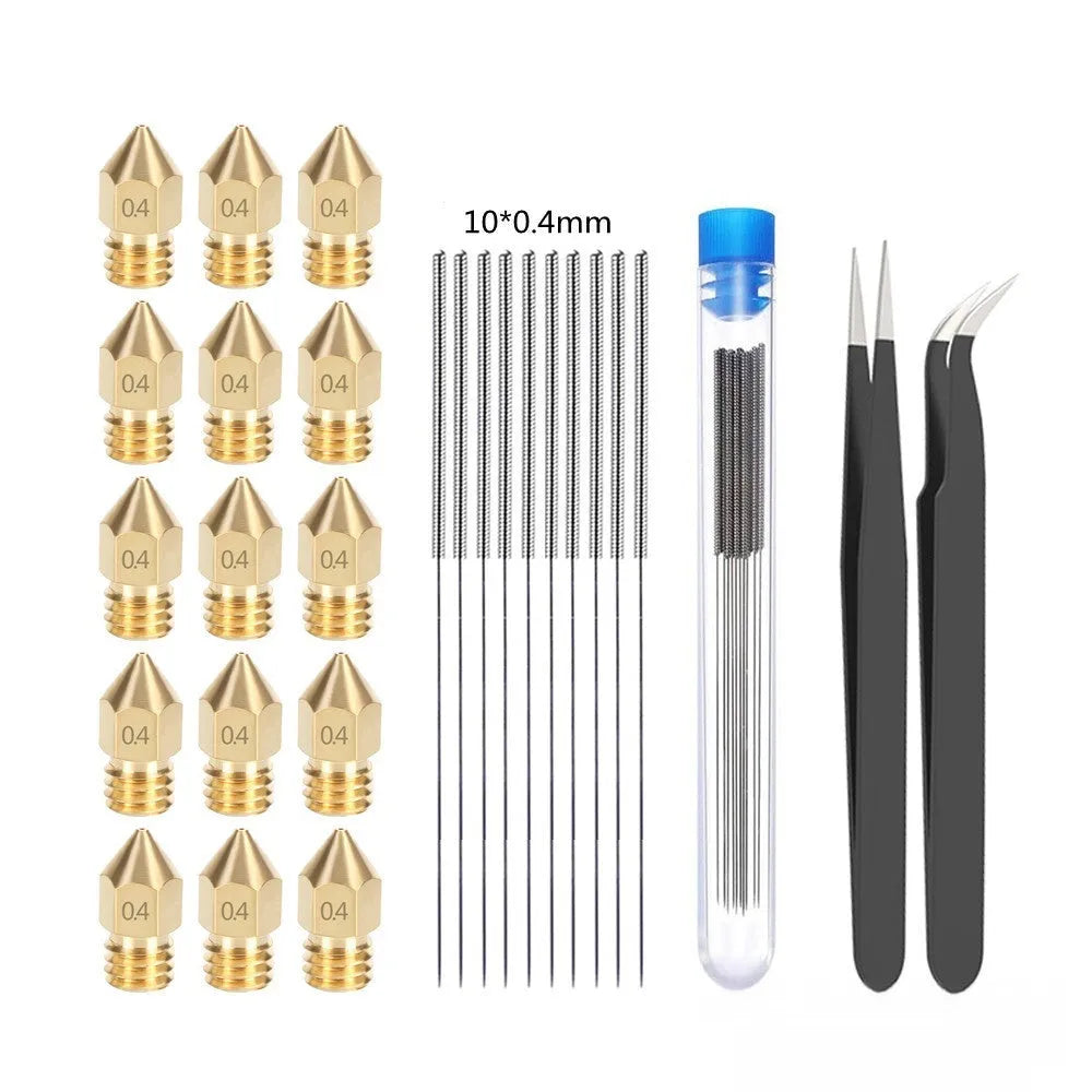 MK8 brass 3D printer nozzle and stainless steel cleaning pin kit for Ender 3 and CR-10.