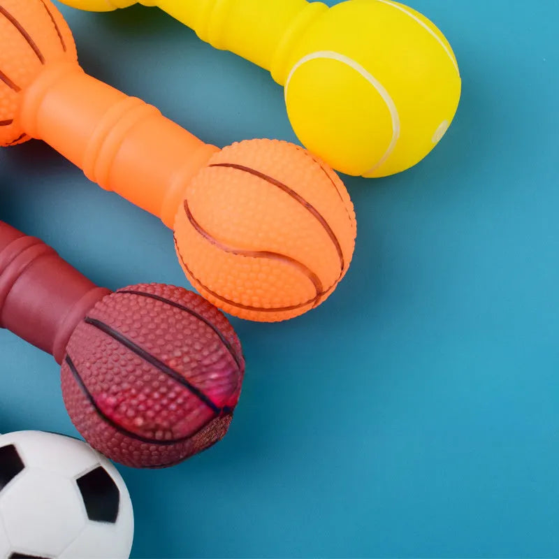 Brown orange white yellow football dumbbell shaped PVC dog chew toy with squeaker