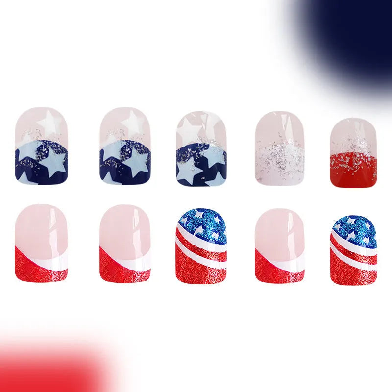 Independence Day press-on nails with American five-pointed star patterns in patriotic colours