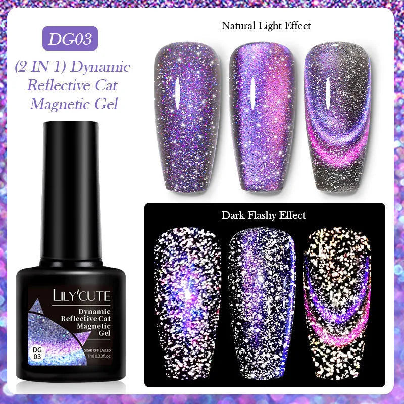 Cat eye series UV gel nail polish bottles showing diamond debris effect with glitter and fragments in six colour styles