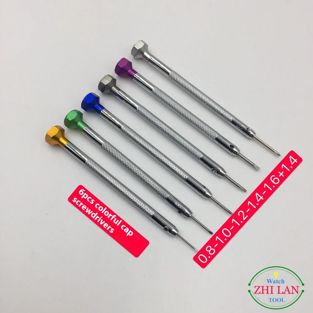 Set of six colour-coded aluminium handle screwdrivers for watch and precision repair work.