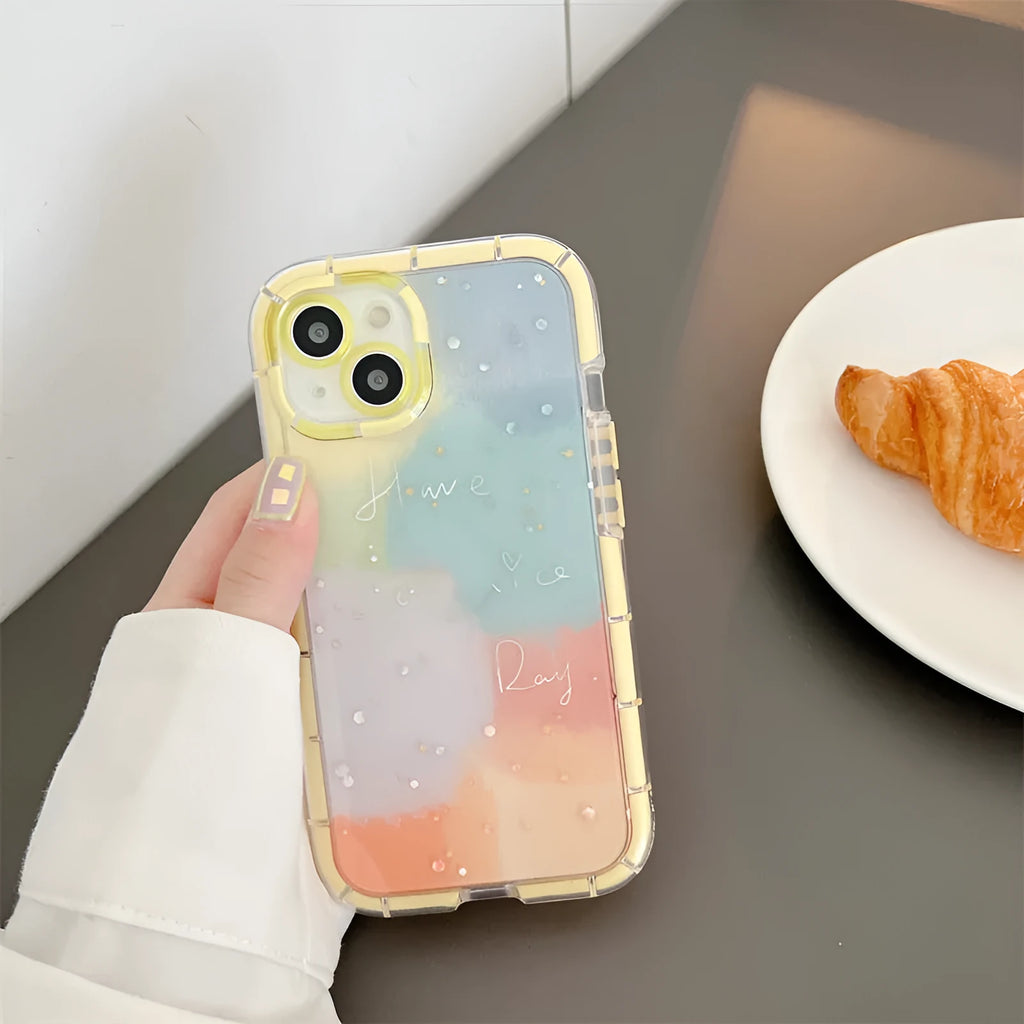 Minimalist contrast colour silicone iPhone case with yellow edge trim on phone