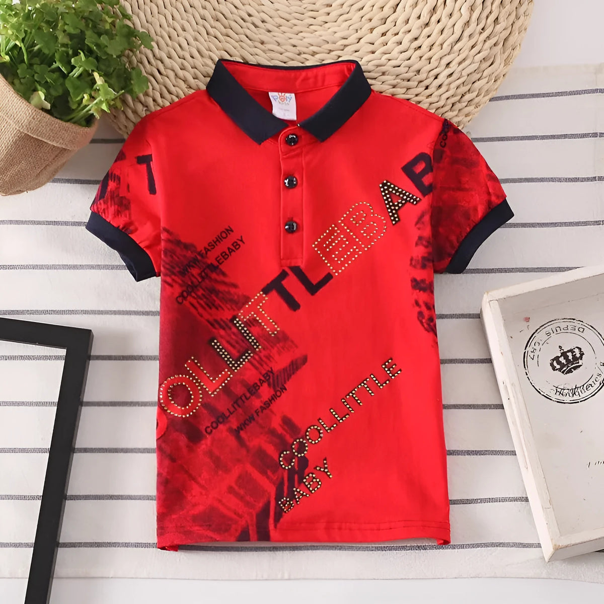 Boys short sleeve cotton shirt with lapel collar in solid colours grey red navy white.