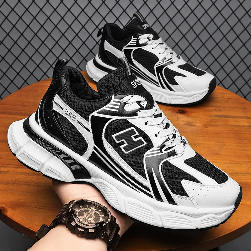Men's mesh running shoes in three colour options showing round toe design and injection-moulded soles