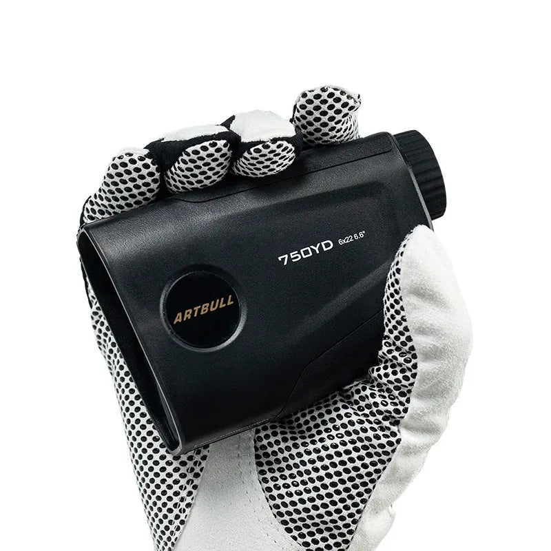 Rechargeable golf laser rangefinder with slope compensation and flag lock function showing LCD display