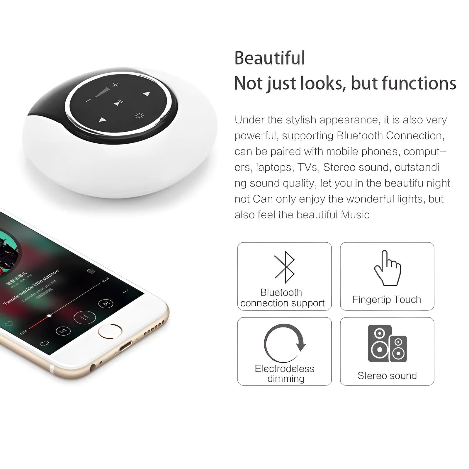 Blue Bluetooth speaker desk lamp with folding design and touch controls showing white, yellow and blue LED lighting