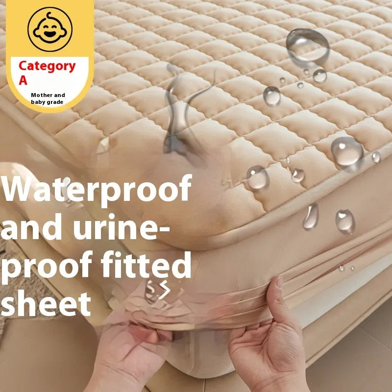 Blue washed cotton waterproof fitted sheet with elasticated corners on a mattress.