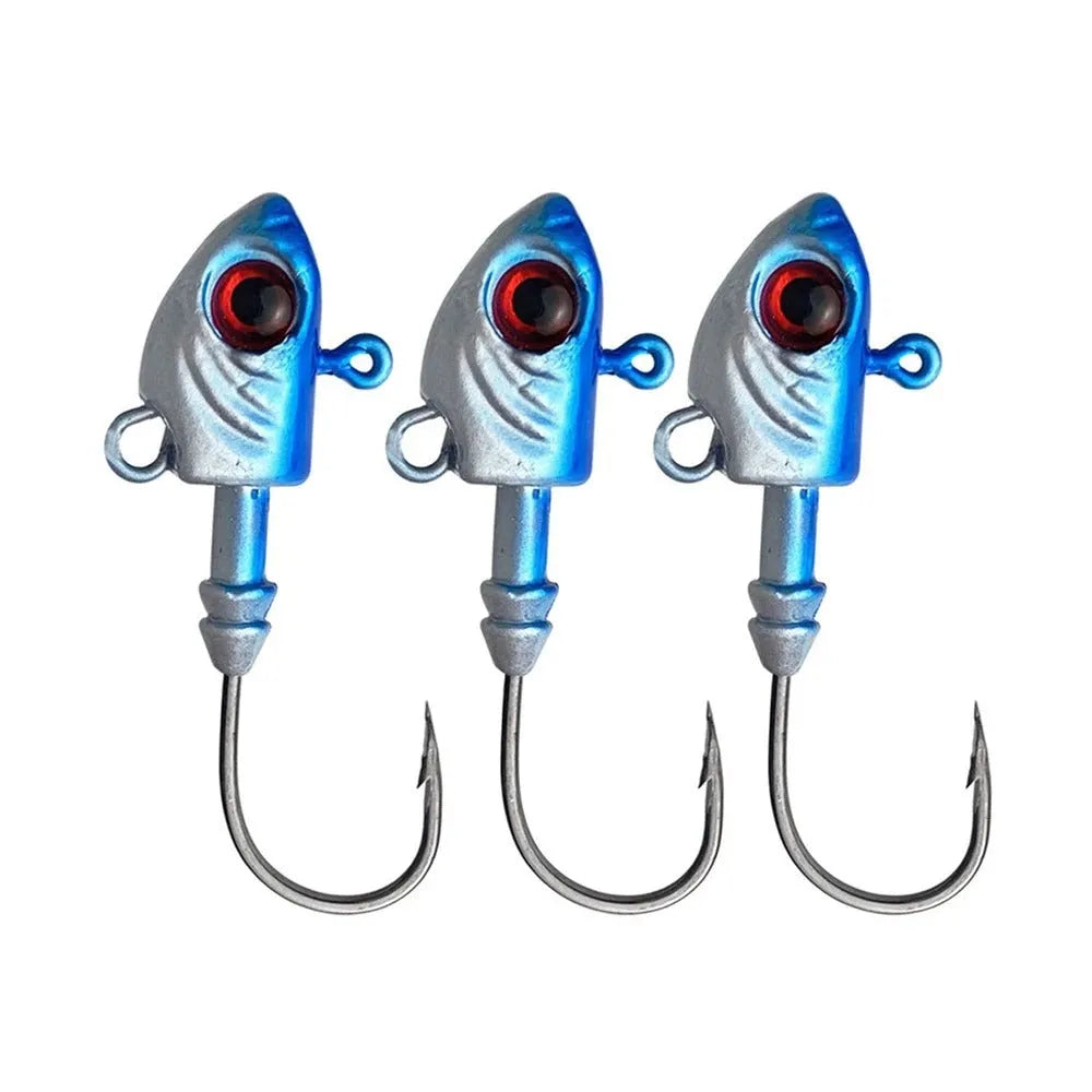 Yayu shaped lead head fishing hook lure in blue, silver, and yellow colours showing fish simulation design.