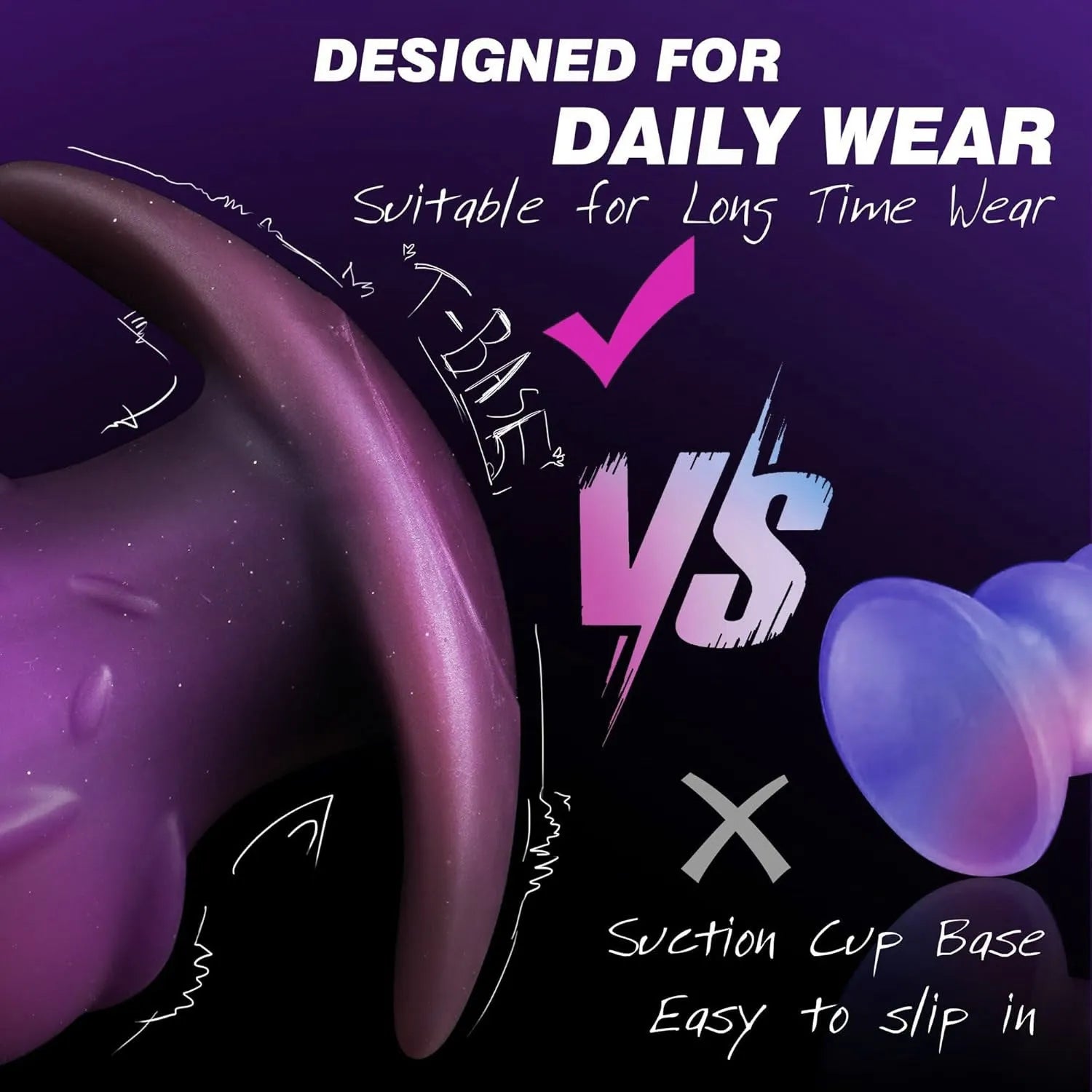 Black, gold and purple wearable silicone adult masturbator toy shown in sizes S, M, L, and XL.
