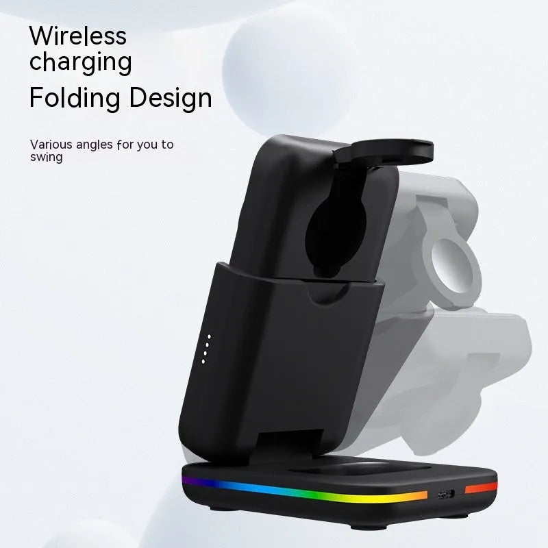 Magnetic three-in-one wireless charger and 5000mAh power bank with Type-C, in black or white, ABS body.