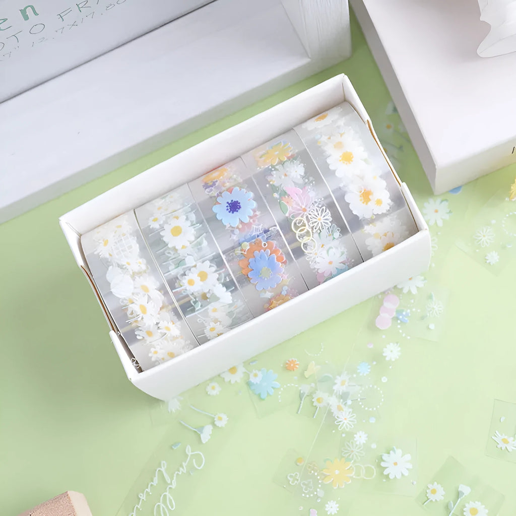 Five rolls of transparent adhesive tape with Midsummer Daisy cartoon decoration on clear PET film