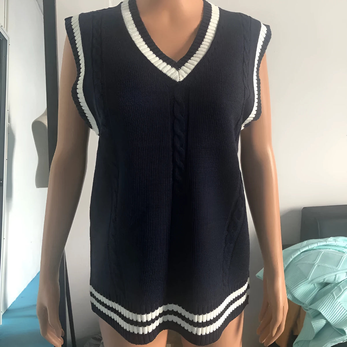 Women's slim fit V-neck acrylic knit waistcoat sweater with striped stitching detail