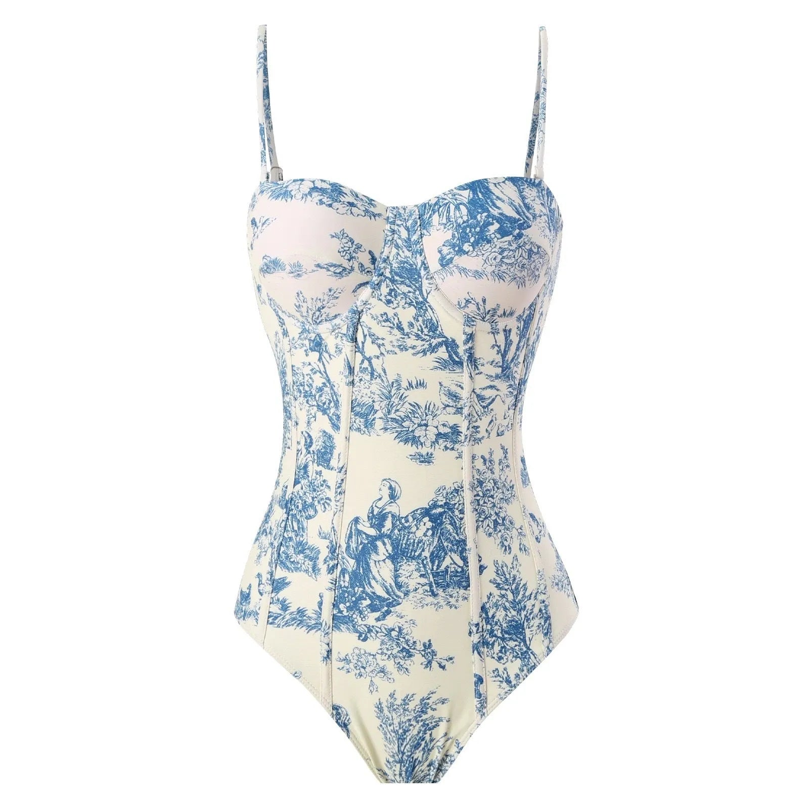 Blue women's one-piece swimsuit with matching gauze skirt on size chart