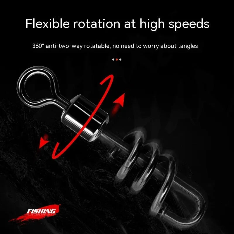 8-shaped stainless steel fishing swivel connector showing rotating mechanism and dual connection points
